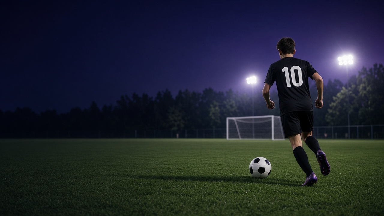 Player training toward goal under stadium lights